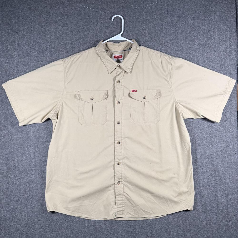 Wrangler Shirt Mens 2XL Beige Short Sleeve Button Up Twill Workwear Outdoor